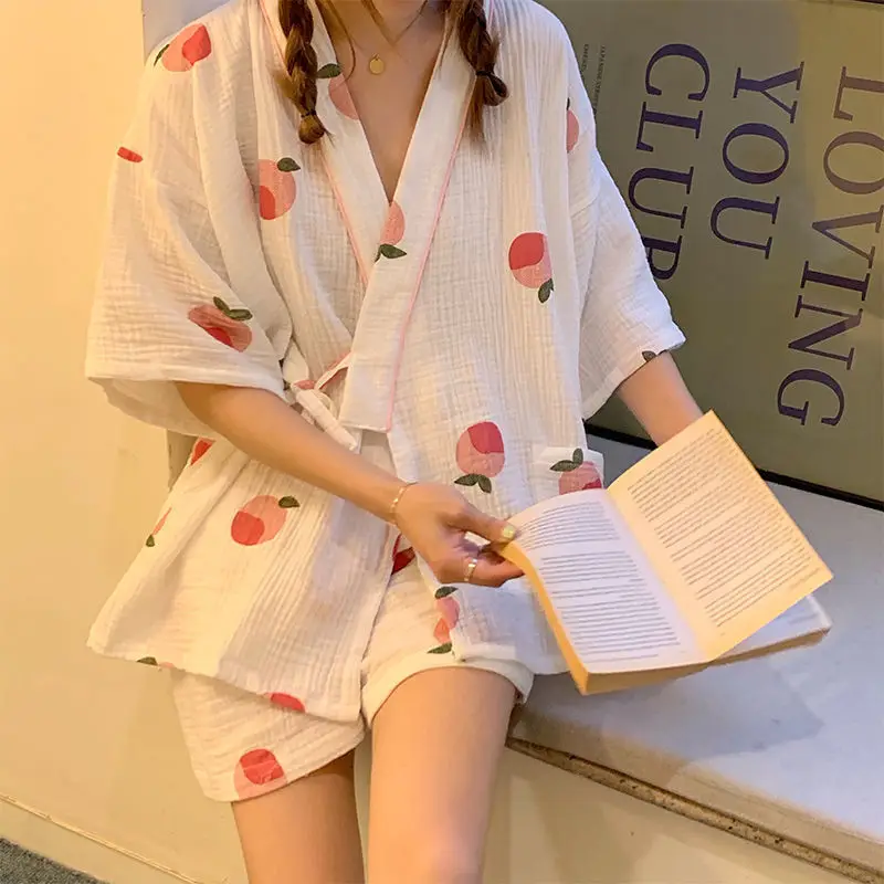 Sweet Peach Kimono Women Korean V-Neck Lace Up Shirts + Shorts Cotton Kawaii Pink Sleepwear Two Piece Pajamas Set Loose White
