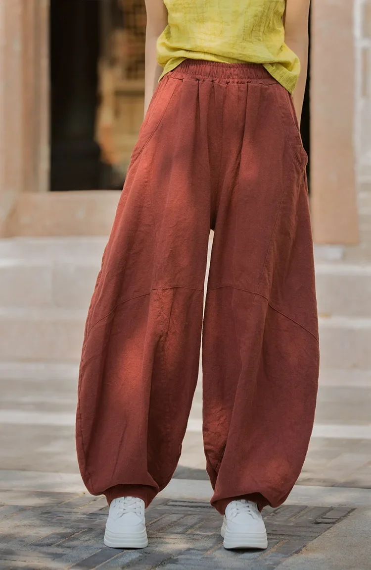Chinese Style Curved Ramie Cotton Pants Vintage Loose Tai Chi Trousers
