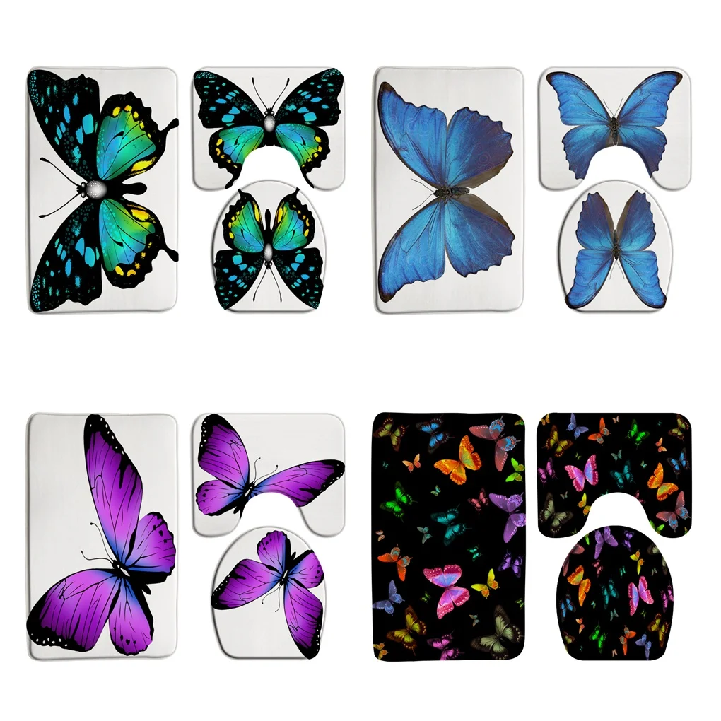 

3Pcs Butterfly Bath Mat Watercolor Teal Animal Magical Fantasy Butterflies Bathroom Rug Set Toilet Seat Cover Anti-Skid Doormat