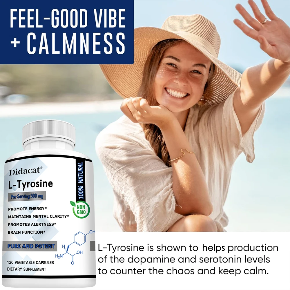 L-Tyrosine Supplement 500 mg, Supports Mental Alertness, Neurotransmitter Support, Immunity, Cellular Energy, Focus