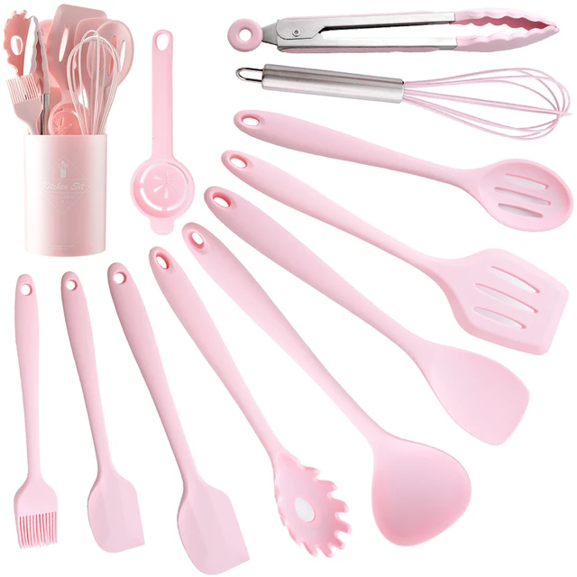 12Pcs Pink Silicone Cooking Utensils Set Non-Stick Pan Baking Tools Kitchenware Spatula Spoon Food Tongs Kitchen Kit with Box