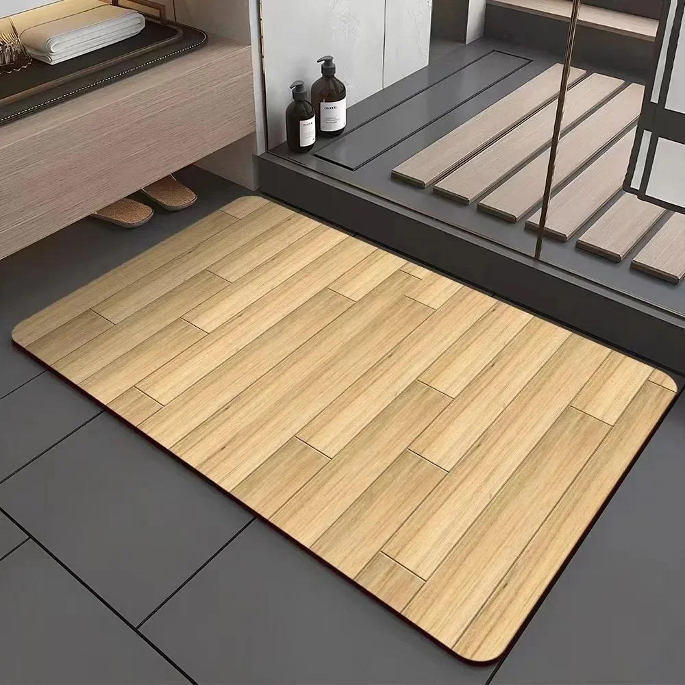 VIKAMA Retro-Bodenmatte mit Holzmaserung und Kieselgur, wasserabsorbierend und rutschfest, für Badezimmer und Küche, Heimdekoration – Detail 2