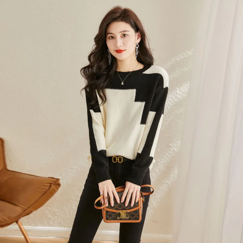 2023 Autumn/Winter New Round Neck Long Sleeve Sleeves Show Thin Contrast Knit Bottom Shirt Temperament Office Lady Women's Top 4