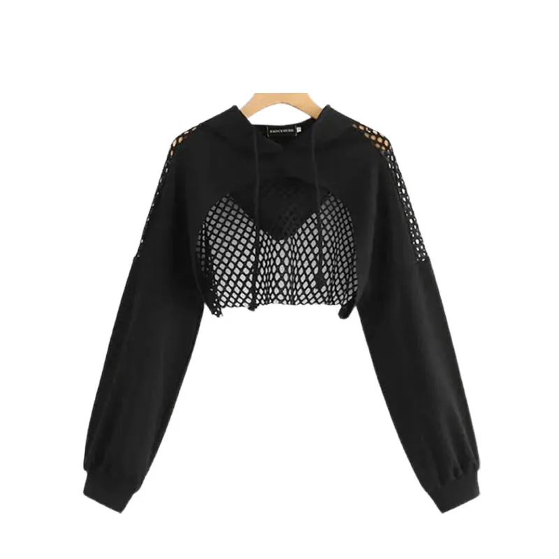 

Autumn Long Sleeve Tshirt Women Mesh Top Hooded Hollow Out Transparent Sexy Short Crop Tee Black Fishnet T-shirt hoodie