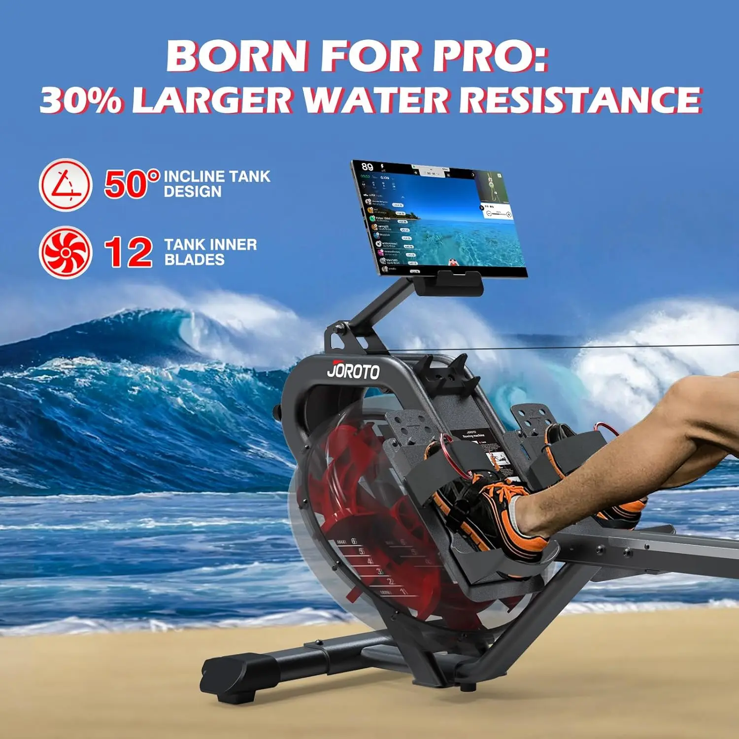 Water Rowing Machine for Home Use, 50&deg;Incline Enhanced Resistance Rower 330 Lbs Weight Capacity with Bluetooth Connection