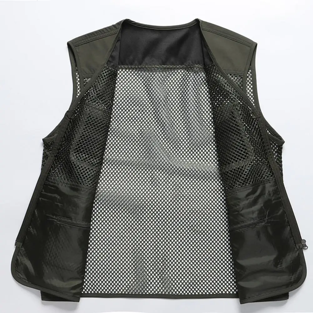 

Mid-aged Men Waistcoat Multi-Pocket Hollow Mesh Splicing Vest Zipper Placket Thin Vest Loose Fit Solid Color Cargo Waistcoat