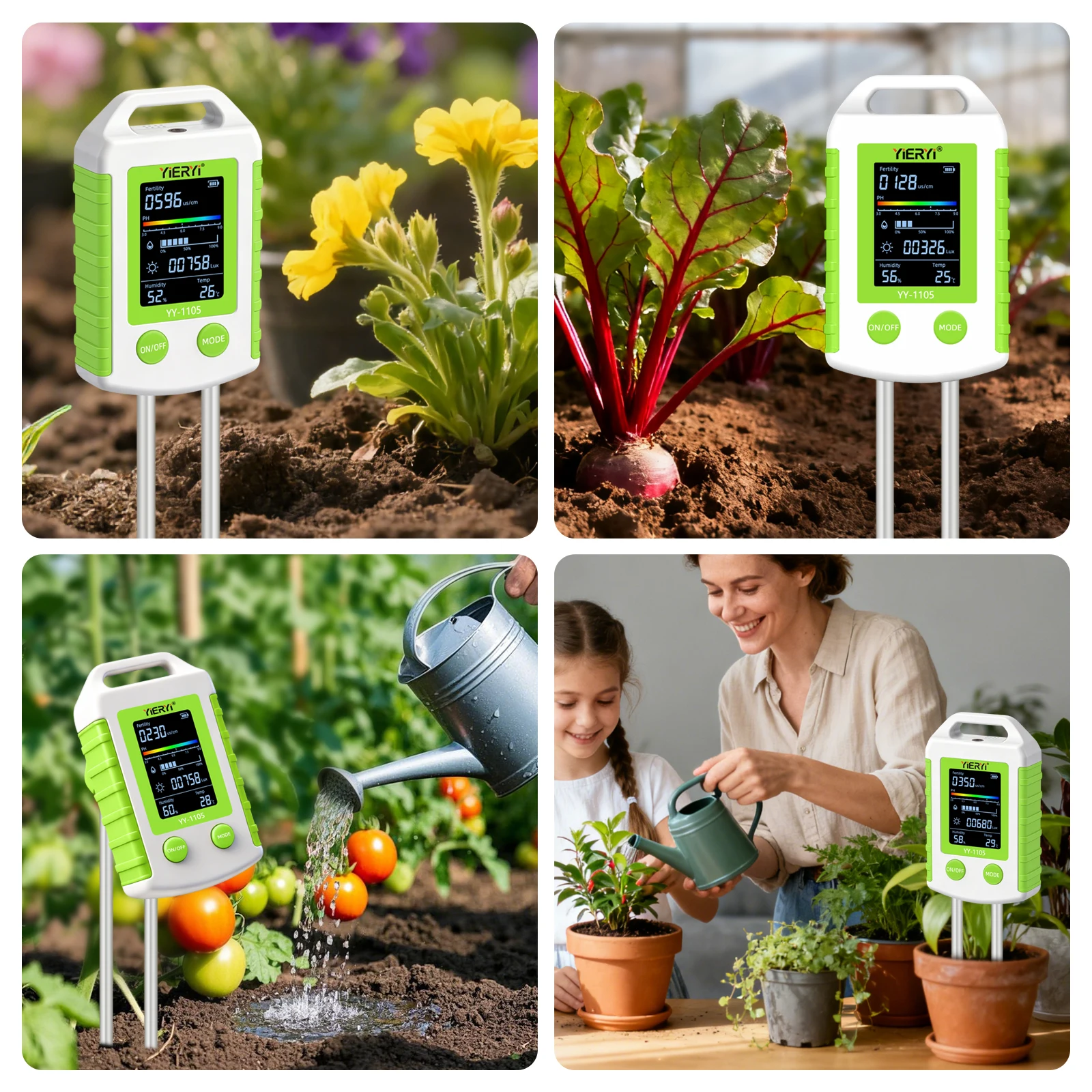 6-in-1 Soil PH Meter Fertility Temperature Humidity Light Tester 90° Rotatable L