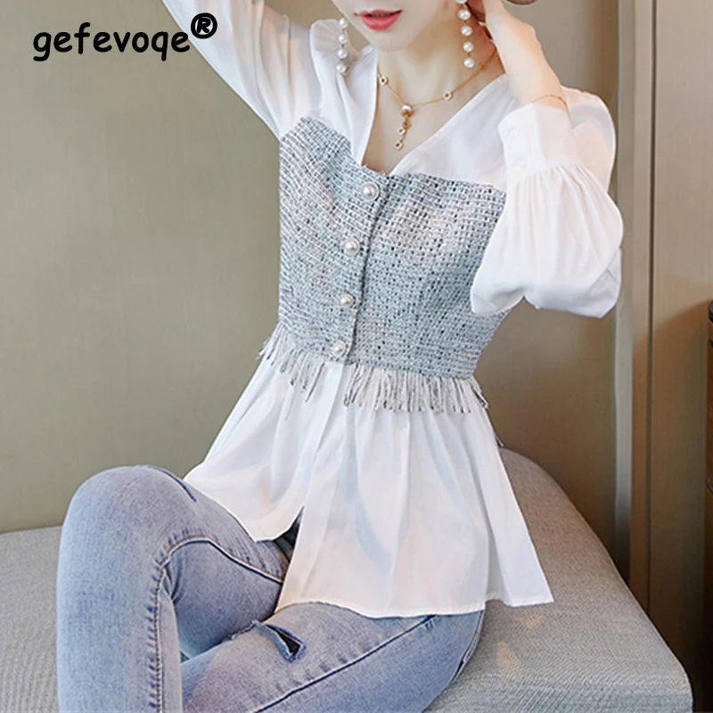 Women Ruffle Tassels Patchwork Beaded Button Design Chic Shirts 2023 Autumn Fashion V Neck Slim Elegant Blouses Long Sleeve Tops