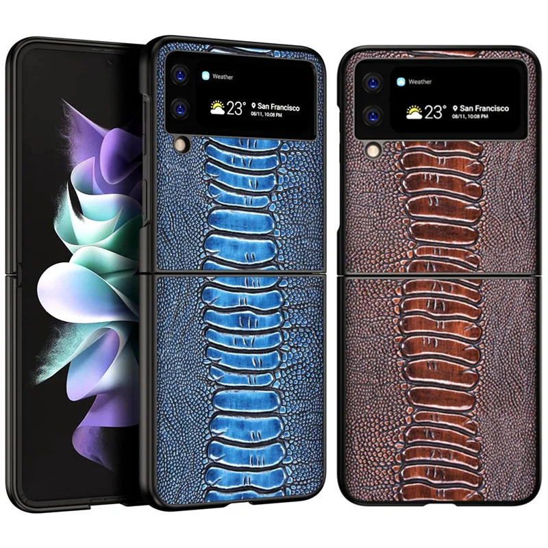 

Роскошный чехол для телефона 2 в 1 из натуральной кожи в стиле ретро для Samsung Galaxy Z Flip3, флип-чехол с 3 искусственными страусиными ножками, защитная задняя крышка