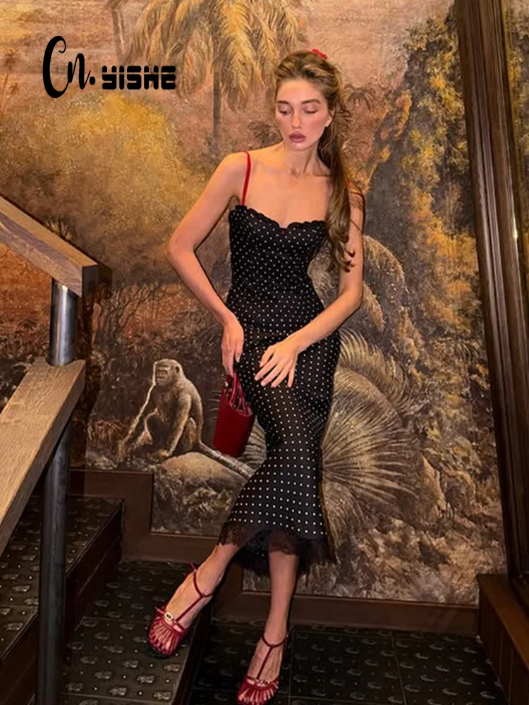CNYISHE Abiti da donna eleganti con stampa a pois e patchwork in pizzo, estivi, per le vacanze, con fascia sui fianchi, aderenti, alla moda, per feste femminili