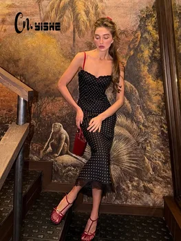 CNYISHE Abiti da donna eleganti con stampa a pois e patchwork in pizzo, estivi, per le vacanze, con fascia sui fianchi, aderenti, alla moda, per feste femminili