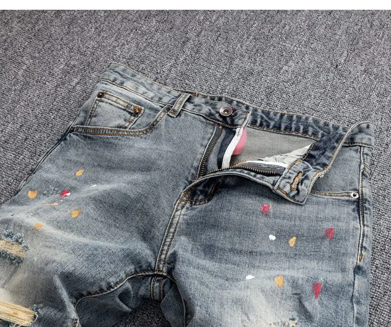 Men's Vintage Denim with Ripped Distressed Faded Slim-fit