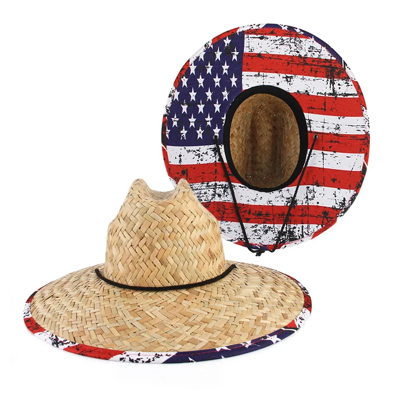 50pcs/lot Women Men Straw Summer Beach Sun Hat Outdoor Wide Brim Handmade Panama Lifeguard Straw Hat