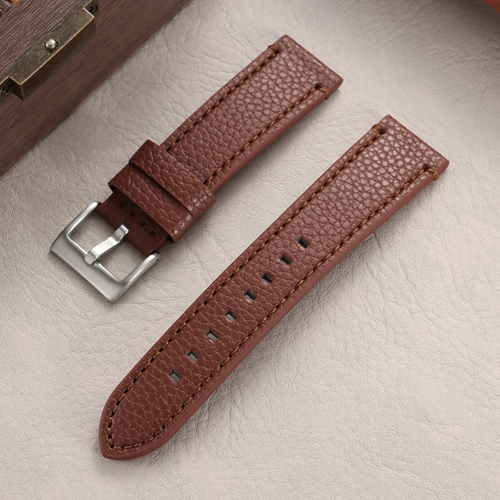 Luxury Lychee Pattern Leather Watch Band - Brown Bracelet with Elegant Stitching