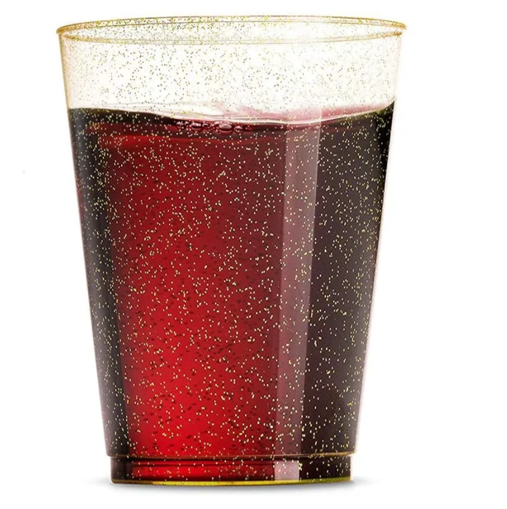 투명 일회용 컵 골든 글리터 플라스틱 레트로 유리, 웨딩 연회, 생일 파티 식기 용품, 10 oz