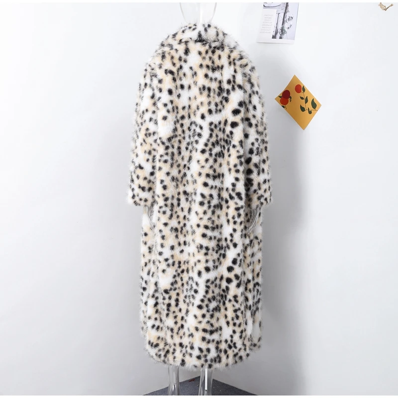 Fashion Animal Lapel Faux Fur Long Coat Women Loose Long Sleeve Pocket Lady Overcoats Autumn Winter Warm Street Thick Outwear