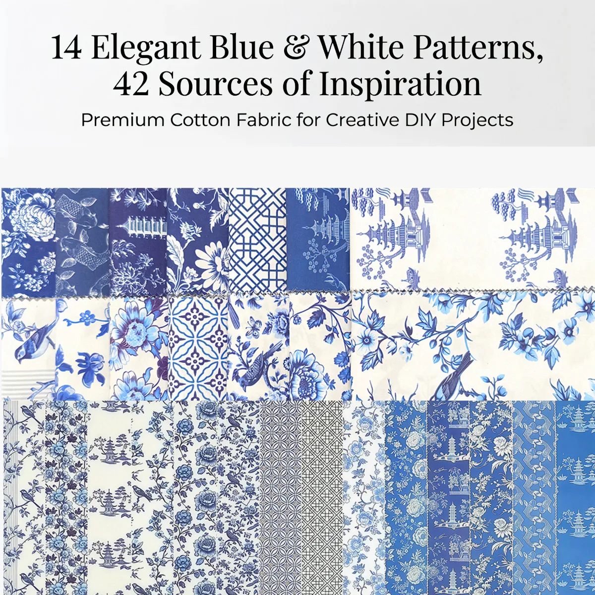 42-Piece Quilted Blue & White Porcelain Patchwork Fabric Strips for Handmade Sewing & DIY Projects