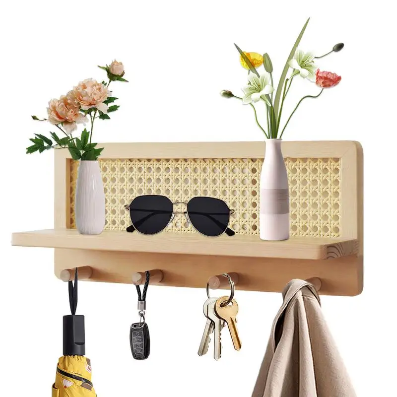Rattan Wall Shelf Hangable Wooden Boho Shelves Wall Hook Farmhouse Decoration Rustic Wall Organizer Book Shelves with Hooks