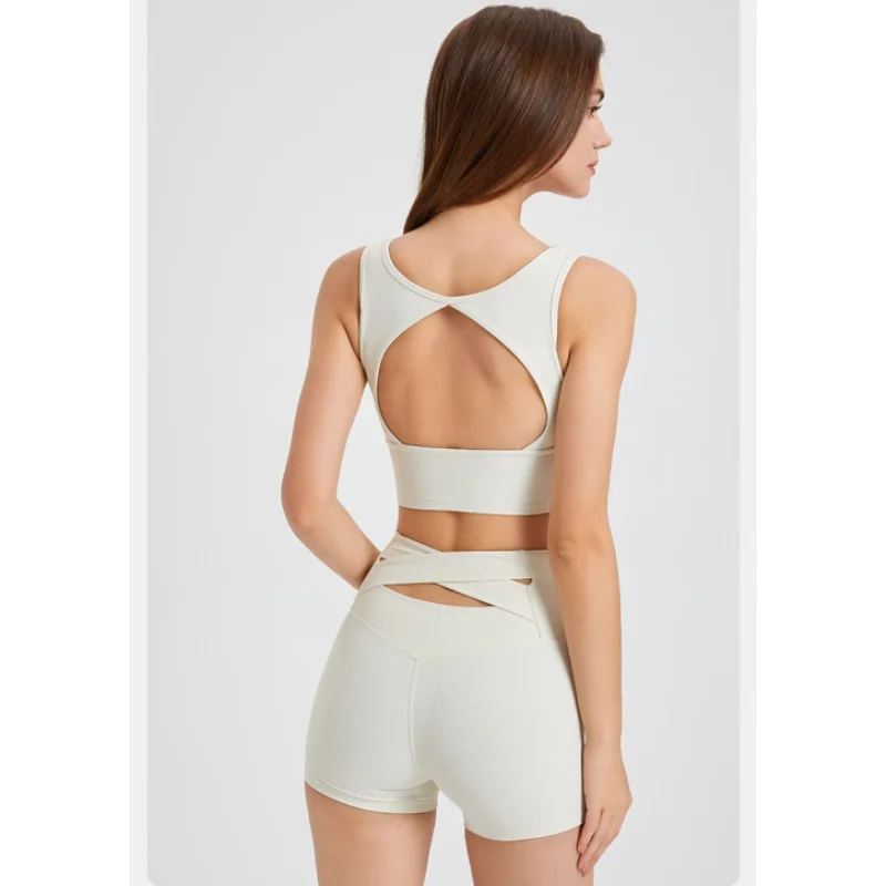 Fitness Suit Women High Waist Cross Sports Shorts Running Quick Dry Fixed Chest Pads Back Water Drops Hollow Bra 2 Pcs Yoga Set yoga set,sports set,gym workout set,sportswear set,fitness set,sports bra set,yoga pants set,sports set shorts