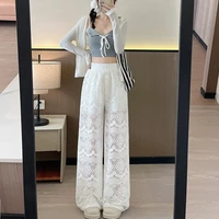 Blanc Sexy Dentelle Large Jambe Pantalon Femmes 2025 Nouveau Été Mince Haute Taille Creux Couture Avec Ceinture Chaîne Glace Soie Plancher Pantalons 4