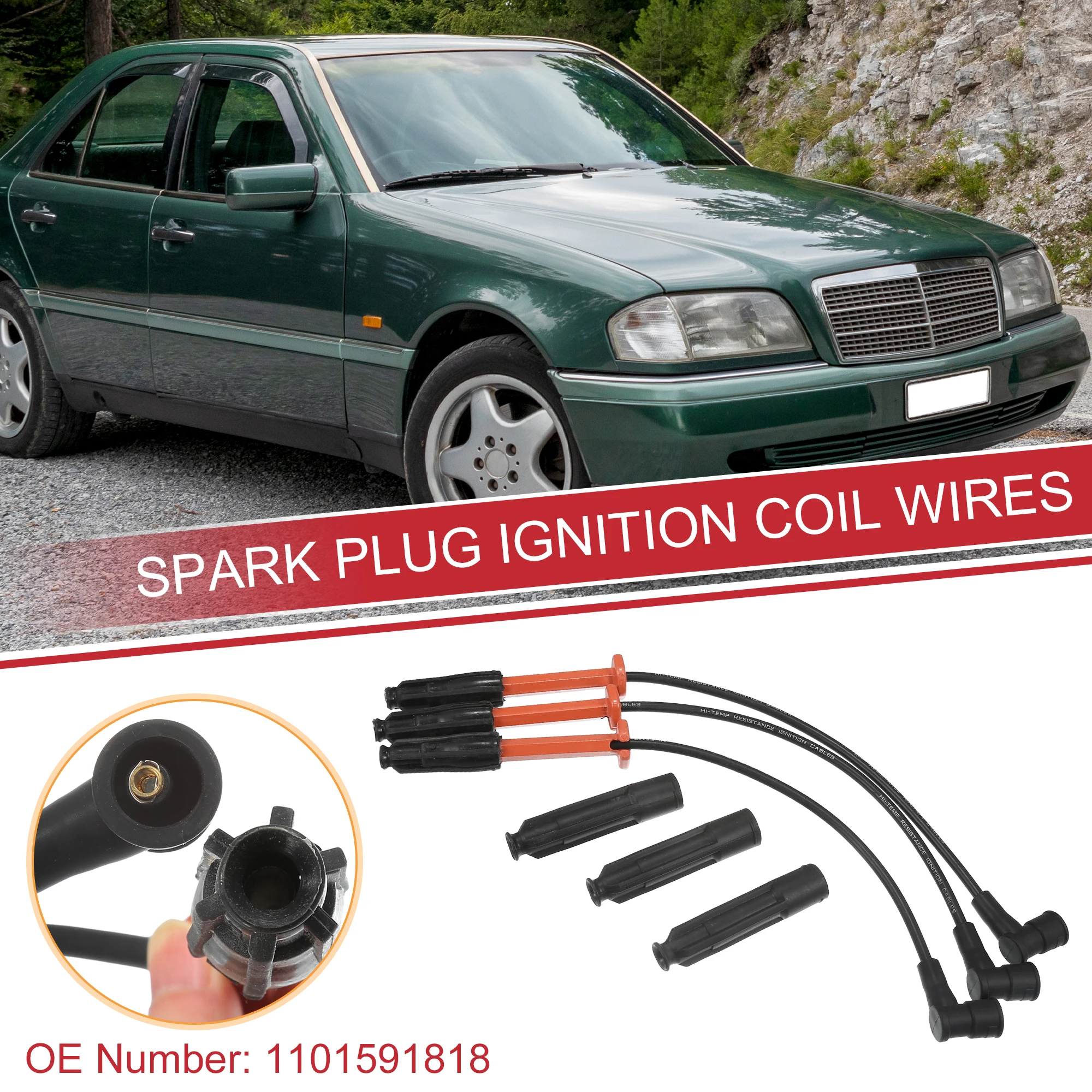 UXCELL 3pcs Car Spark Plug Coil Wires Ignition Coil Harness Cable 7mm Fit for Mercedes-Benz C220 W202 L4 2.2L 1994-1996