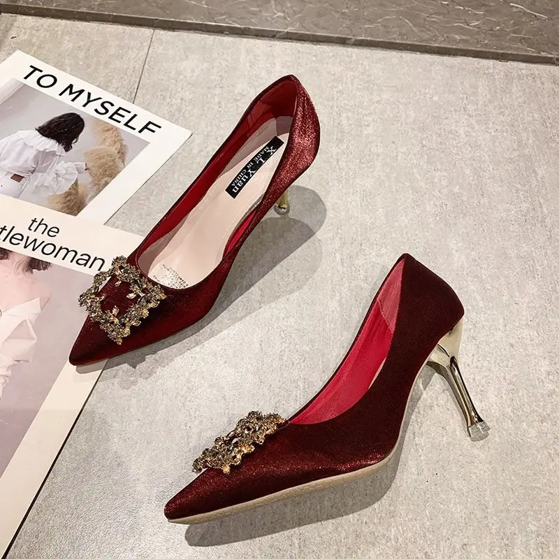 

2024 Spring New Women Bridal Shoes Wedding Shoes Ladies Faux Silk Satin Rhinestone Crystal Woman Pumps Stiletto Sapato Feminino