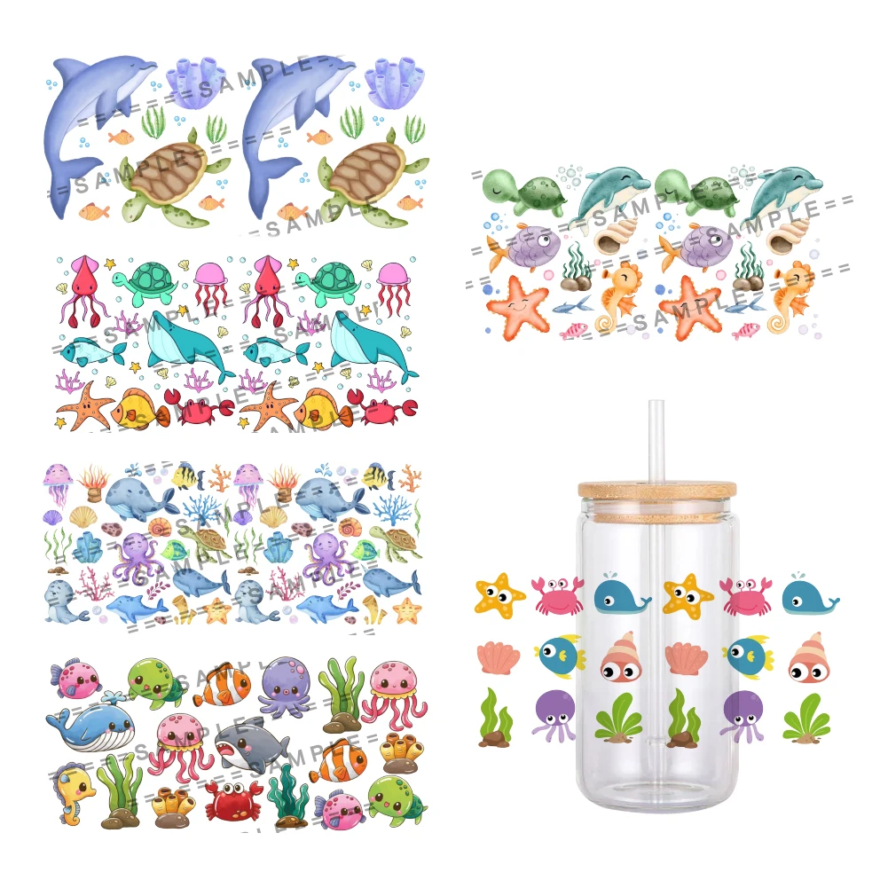 Ocean Marine Life Pattern UV DTF Transfer Sticker Waterproof Transfers Decals For 16oz Glass Cup Wrap Stickers