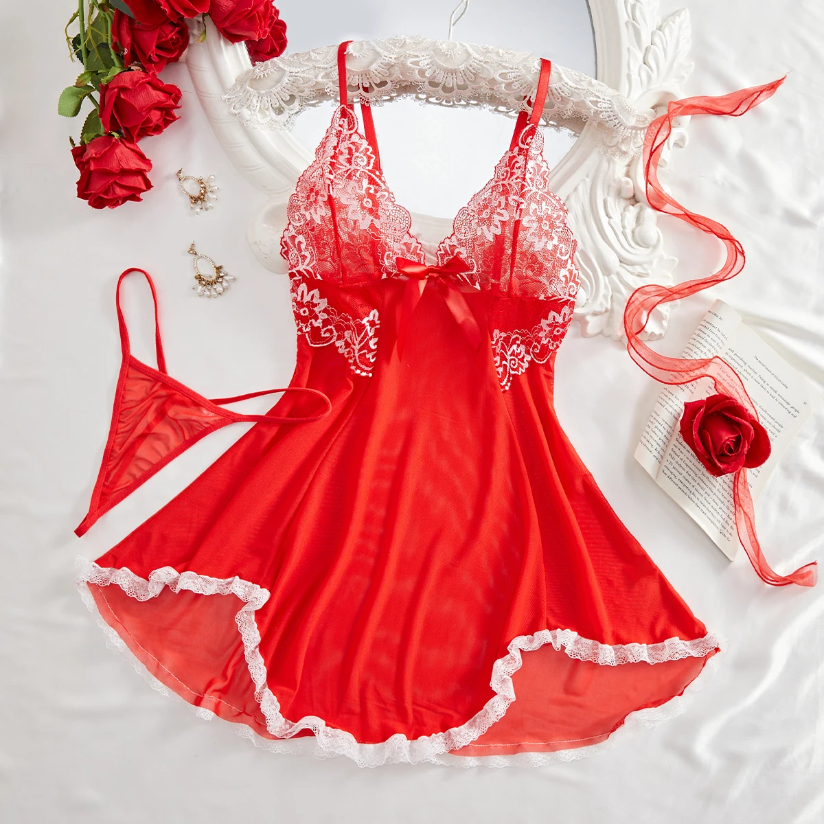Seductive Pink Lace Babydoll Lingerie Set with Thong