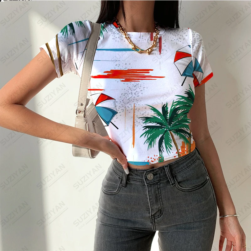 

Women's Summer Fashion Short Top 3D Print Coconut Tree Print Short Sleeve T-shirt Women's Round Neck Hawaiian Beach Style Topr