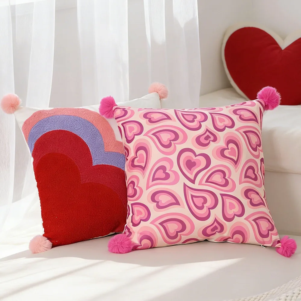 45x45cm Niederländischer Fleece-Kissenbezug mit Herzform-Druck, Viereckige Pompom-Dekokissenhülle für Sofa und Zuhause – Detail 9
