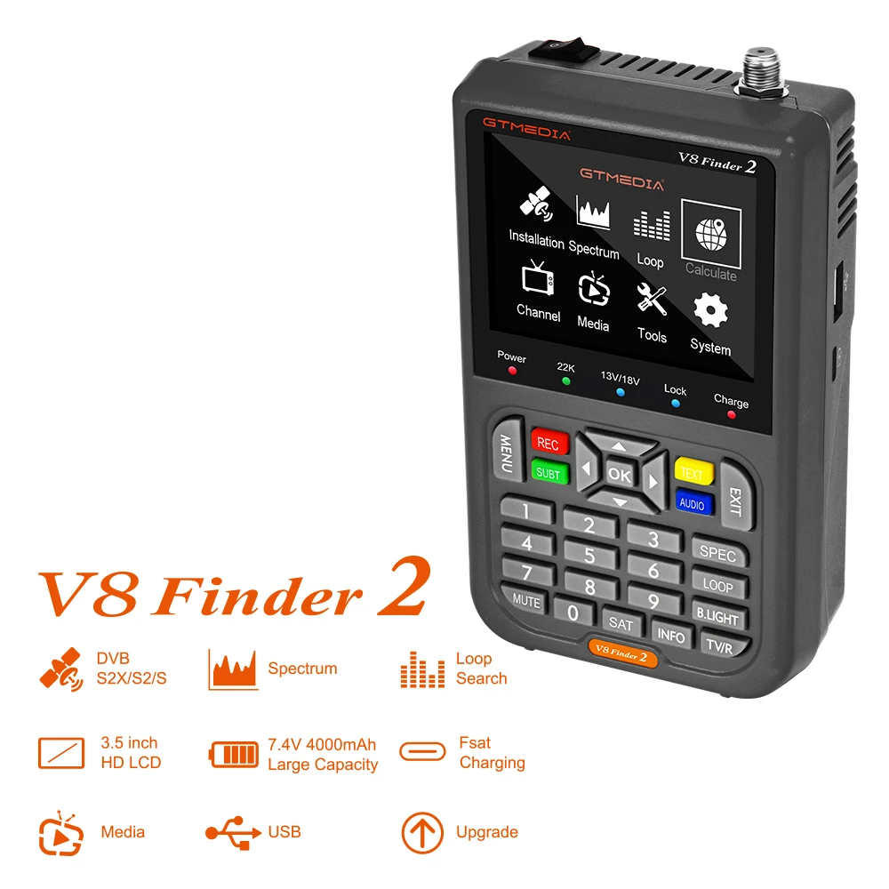 GTMEDIA V8 Finder 2 Satellite Meter DVB-S/S2/S2X Support H.264 7.4V/4000mAh Li-ion Battery 3.5 Inch LCD Fast Charging V8 Finder2 satellite signal finder