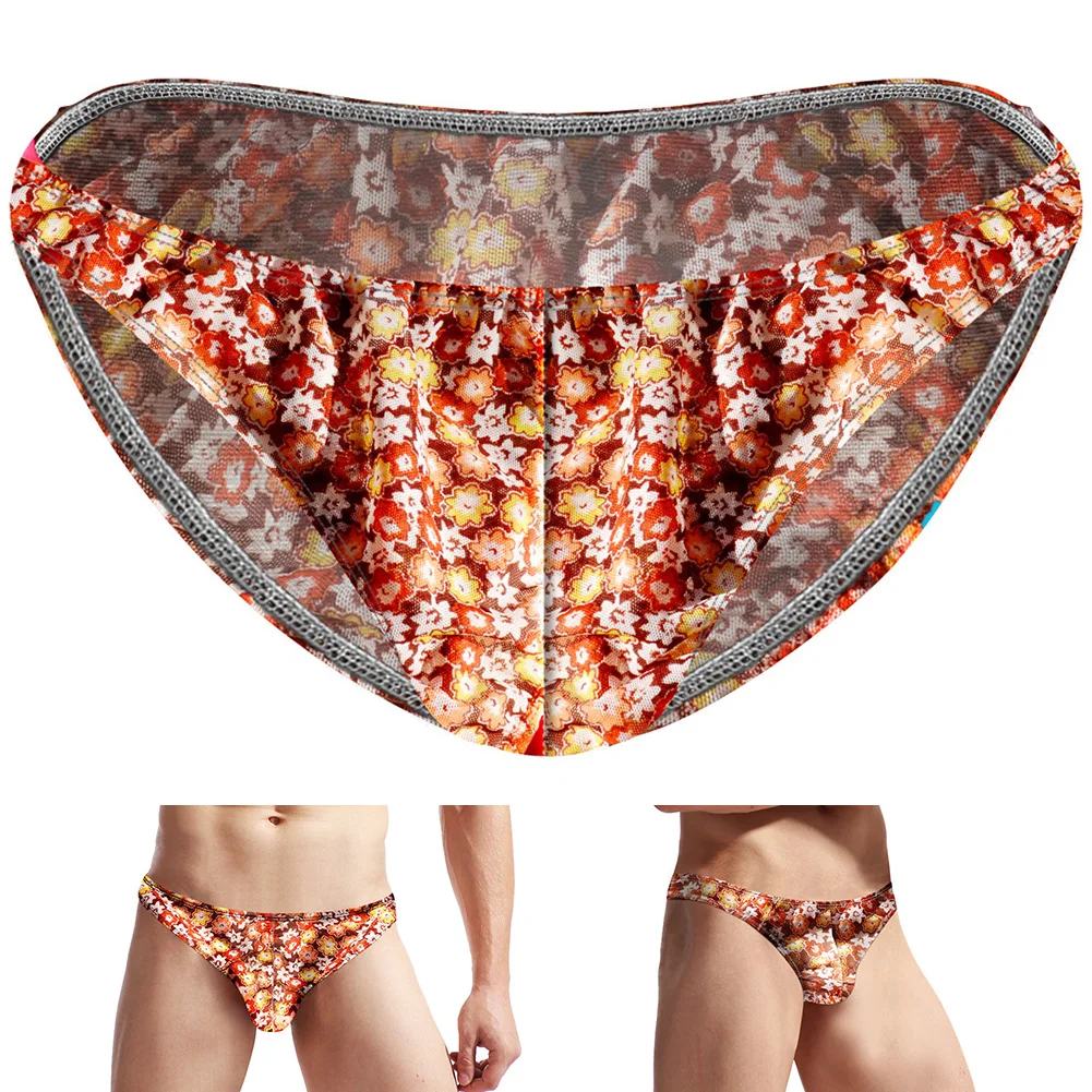 Sexy Mens Tiny Underwear Floral Print Briefs Mesh Undies Bikinis Low Waist Butt Lift Men Glossy Panties Beachwear Nightwear