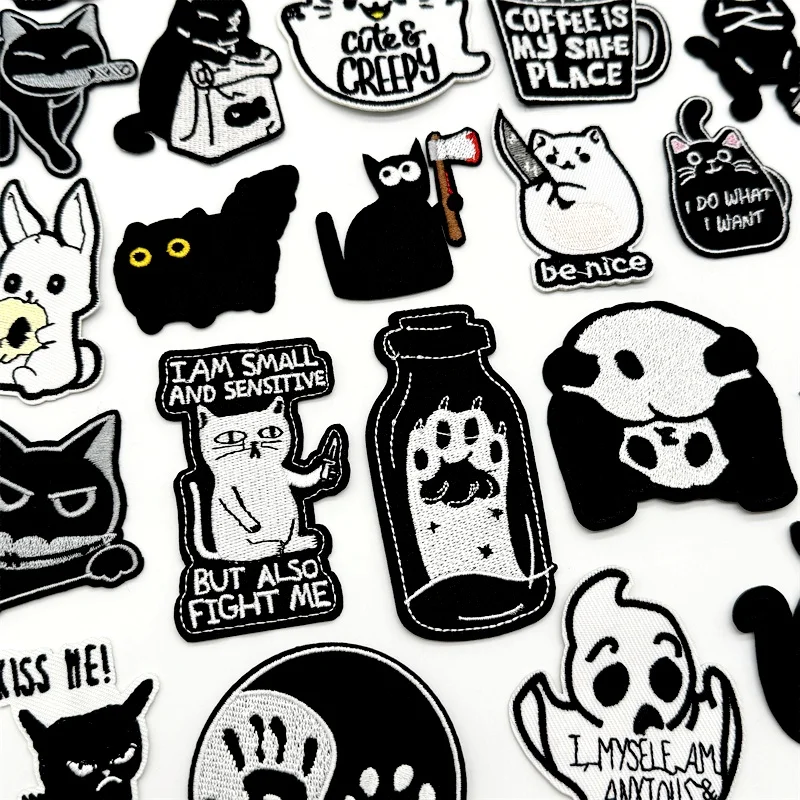 Schwarz-weiße Aufnäher zum Aufbügeln für Kleidung, Cartoon-Katze, Aufnäher auf Kleidung, Stickerei-Patch, DIY-Applikationen, Abzeichen, Aufkleber