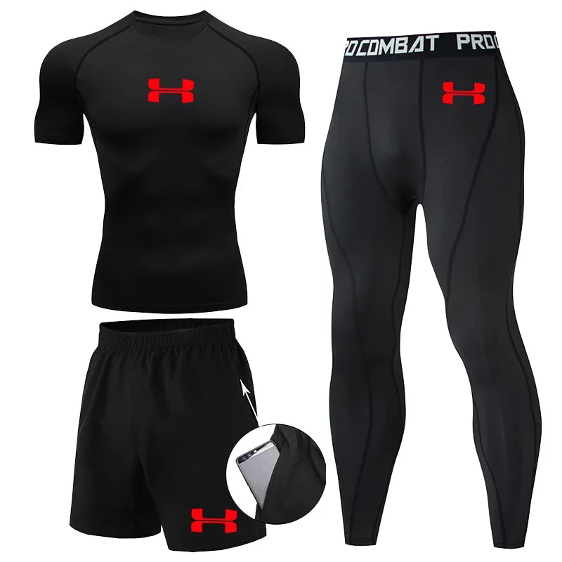 N-Print Rashguard Men Sportswear Compression Suits Quick Dry Gym Fitness Running Tracksuits Men T Shirts+Shorts 3 Pieces Sets 4