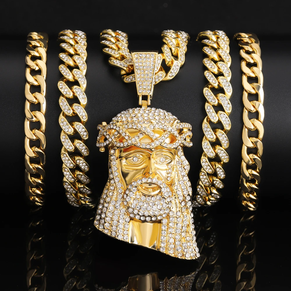 Iced Out Jesus Christ Head Charm Pendant Rhinestone Necklace With