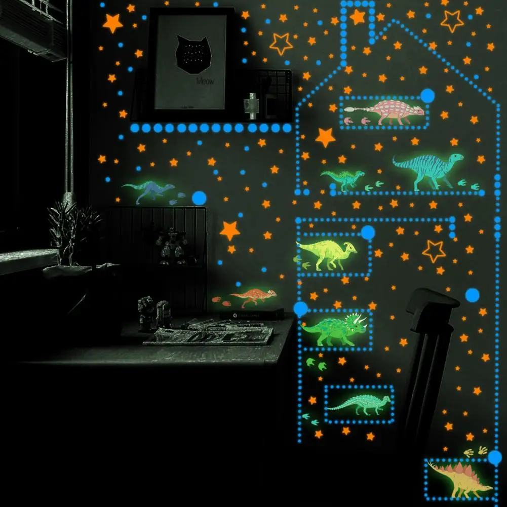 Vivid Bright Dinosaur Decals Waterproof Stickers Glow-in-the-dark Cartoon Dinosaur Stickers Wall Decor for Baby Kids Room