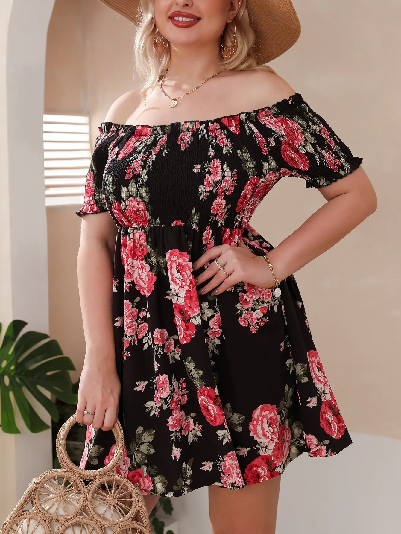 

Finjani Off Shoulder Plus Size Dress For Women Floral Print Short Sleeves Pleated Dresses Summer New
