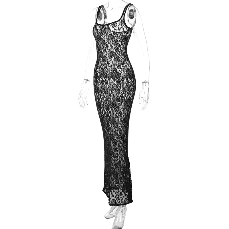 Lace Dresses Women Summer Sheer See Through Spaghetti Strap Sleeveless Bodycon Long Dress Sexy Evening Party Dresses