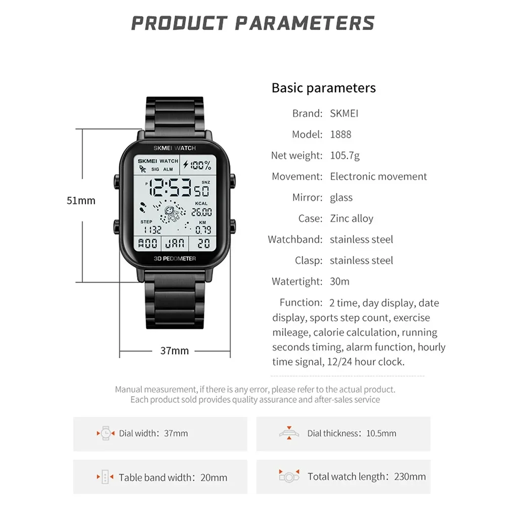 Skmei Men Stopwatch Countdown Wristwatch Calendar Clock Reloj Hombre Sport Pedometer Calorie Calculation Digital Watches 1888 6