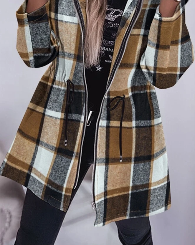 Women's Hooded Jacket 2023 Plaid Pattern Zipper Design Long Sleeved Drawstring Hooded Coat Daily Casual Winter Clothes for Women