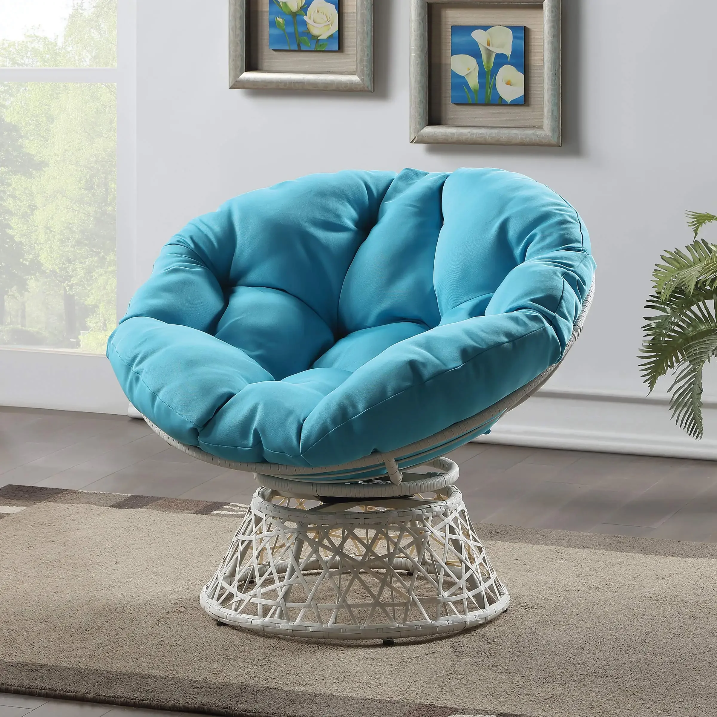 Outdoor Furniture Wicker Papasan Chair 360-Degree Swivel, White Frame with Cushion Round Oversized Pad Reading Chair