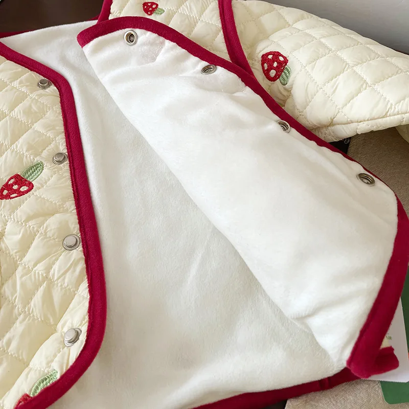 O넥 단추형 긴팔 소프트 플리스 재킷 1-6세 어린이용 따뜻한 배색 패딩 아우터  소녀 자수 면 코트