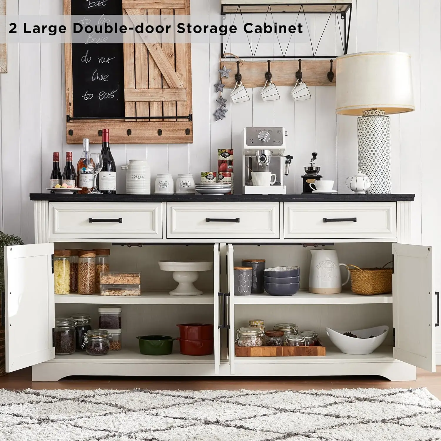 66" Large Buffet Sideboard Cabinet with 4 Doors and 3 Drawers, Buffet Table Coffee Bar Wine Bar Storage Cabinet for Dining Room,