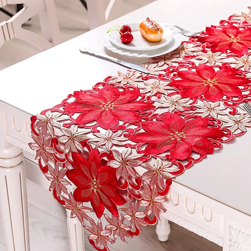 

1 PCS Christmas Table Runner Poinsettia Holly Leaf Embroidered Table Linens For Christmas Decorations