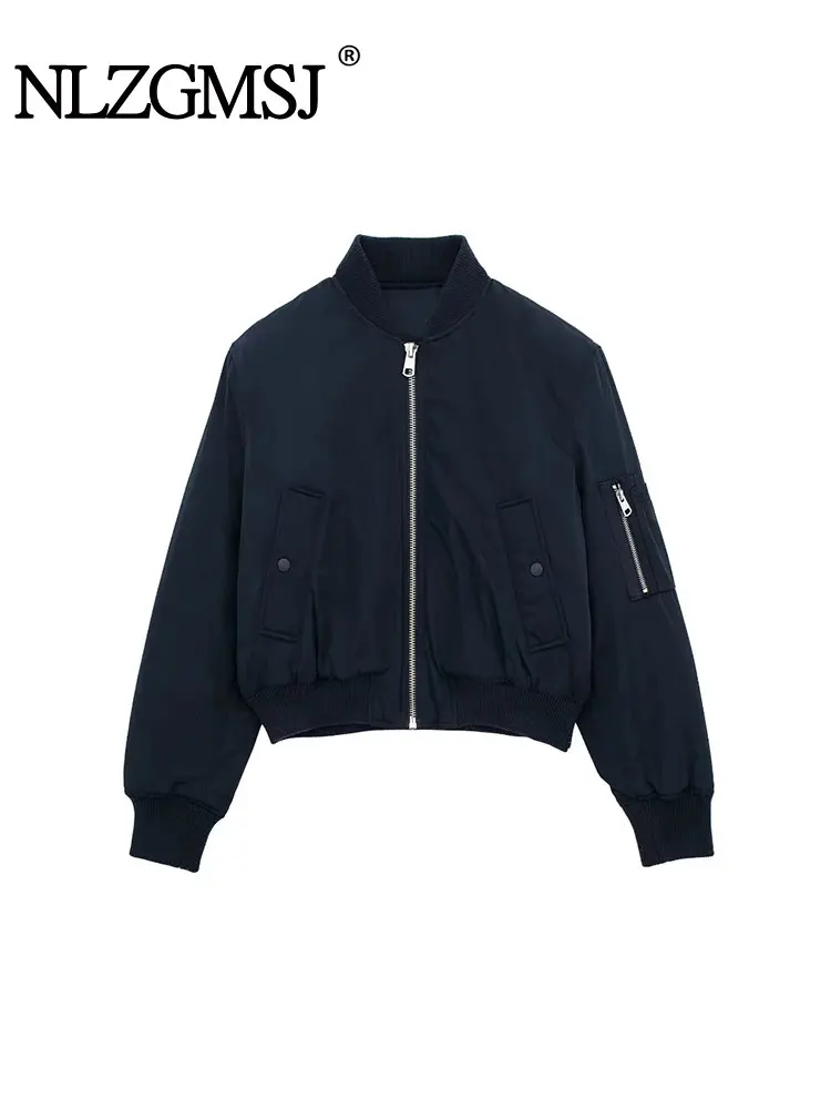 

TRAF 2023 Autumn Woman Short Pilot Jacket Coats Fashion Zipper Vintage Long Sleeve With Pocket Causal Street Tops