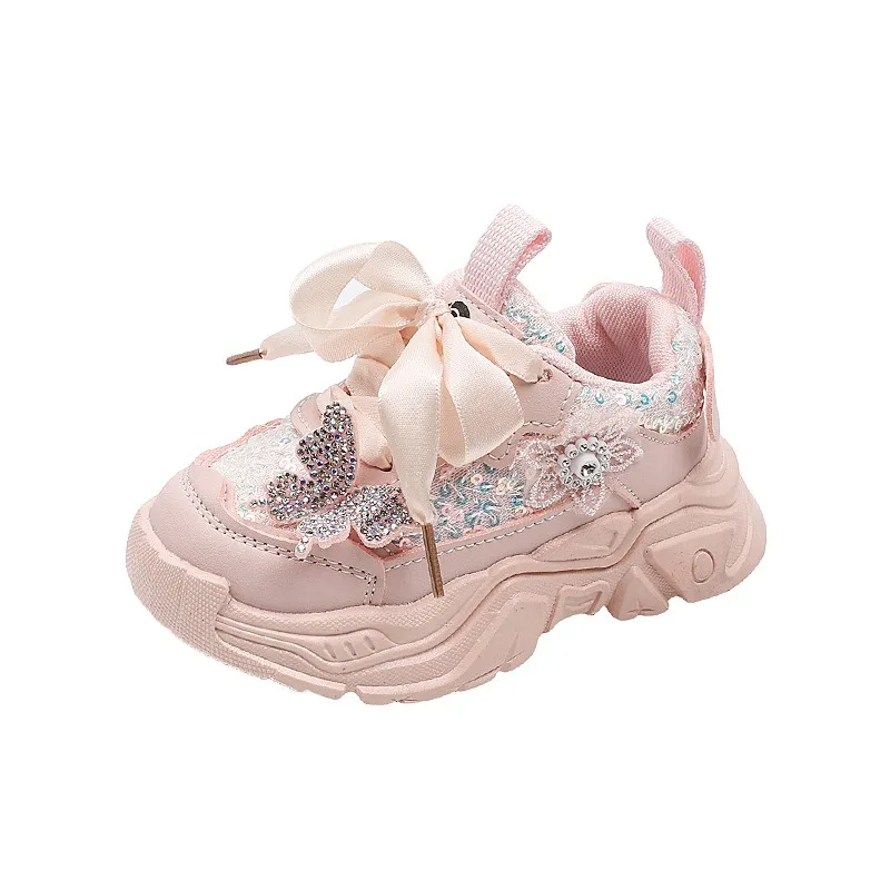 Girls Sports Shoes - Anti-Slip Sequin Butterfly Tennis  Running Shoes for Ages 1-6