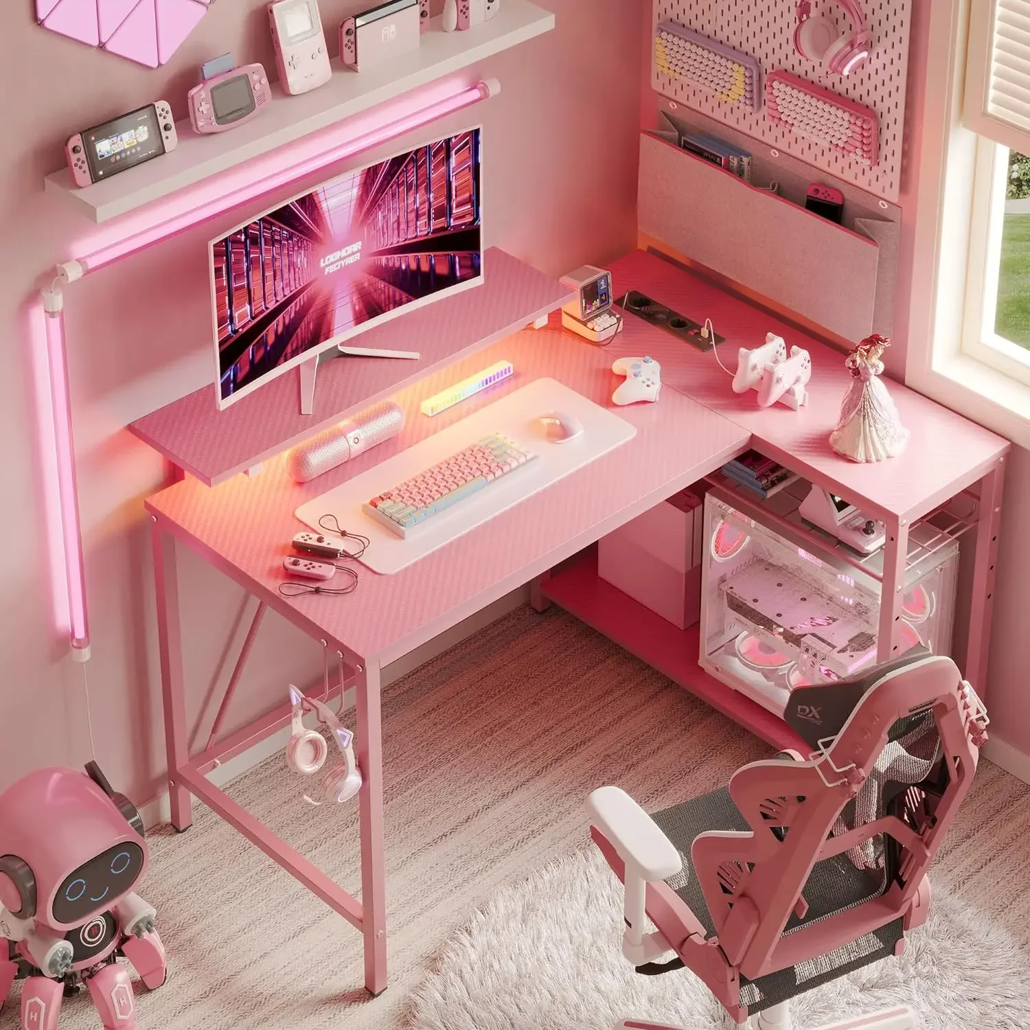 Desk with Power Outlets,42 LED Small Corner Computer Desk with Reversible Storage Shelves,L Shaped Desk with Hook 4