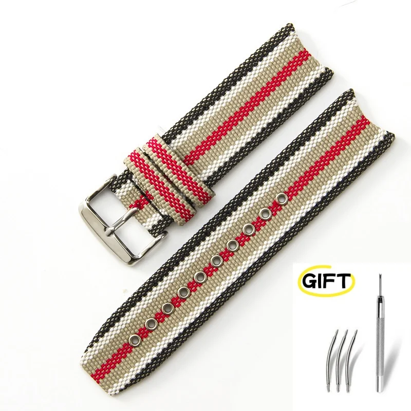 22mm Genuine Leather Cowhide For Burberry Bu7600 7601 7602 Fold Buckle Nylon Canvas Watch Strap Stripe Men's Watchbands