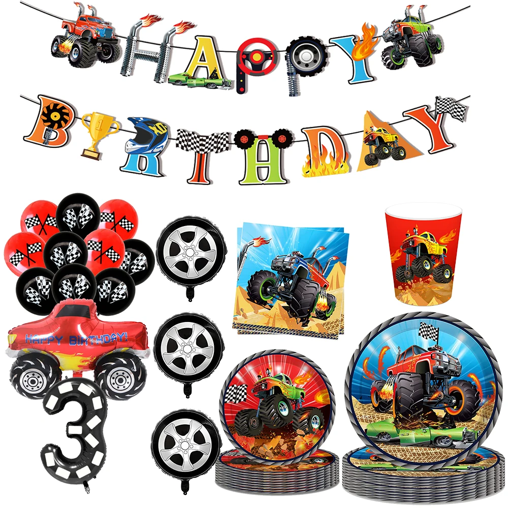 Monster Truck Party Stoviglie Tazze Piatti Pneumatico Monster Truck Balloon Car Wheel Party Decor Monster Truck Forniture Per Feste Di Compleanno