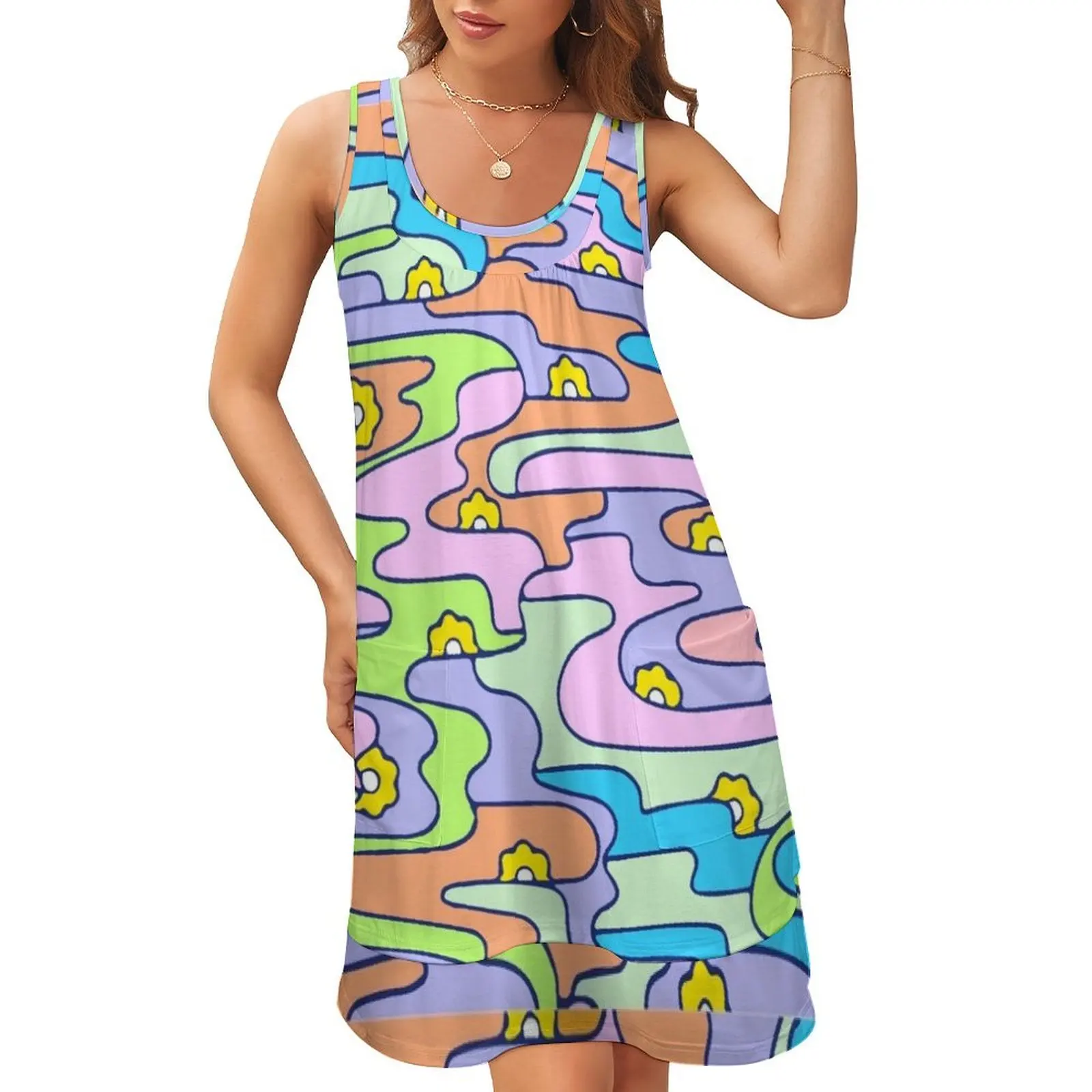 

Print 10 - The colorful 60s collection Sleeveless U-Neck Fake Two Piece Dress cute dress dresses ladies 2024 summer